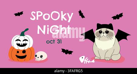 Niedliche Halloween-Glückwunschkarte mit einer flauschigen Katze in einem Fledermauskostüm, gestapelten Kürbissen, Schädel, Fischgrat und fliegenden Fledermäusen auf einem hellrosa Hintergrund. Stock Vektor