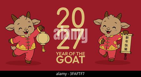 Niedliche Cartoon-Ziegen in traditionellen roten chinesischen Outfits feiern das Jahr der Ziege 2027, halten eine Laterne und eine Schriftrolle mit einem Neujahrsgruß Stock Vektor