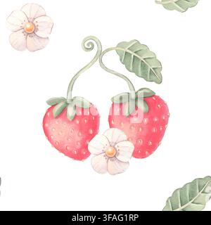 Nahtloses Muster mit Erdbeeren, Blättern, Blüte. Handgemalte Aquarellillustration isoliert auf Weiß für Textilien, Stoff, Schreibwaren, Verpackung Stockfoto
