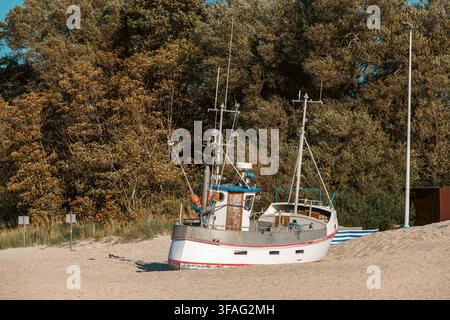 Ein klassisches weißes Kutterboot mit einer kleinen Kabine und Metallrigg-Masten ruht auf einer trockenen Sanddüne. Üppige grüne und gelbe Bäume stehen im Hintergrund u Stockfoto