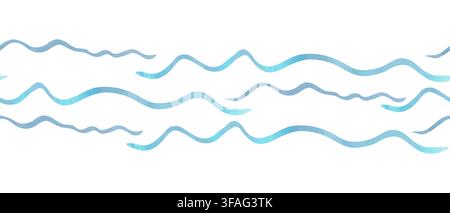 Nahtlose Bordüre aus welligen blauen Linien. Aquarellillustration. Abstrakte Elemente in einem niedlichen nautischen Stil. Handgezeichnete Illustrationen isoliert. Banner Stockfoto