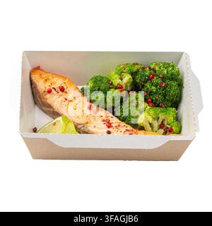 Gebackenes Lachsfilet mit Brokkoli in der Essensbox Stockfoto