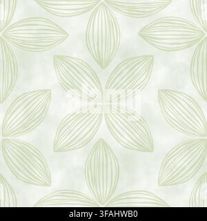 Transparentes nahtloses Muster. Hellgrün. Farbige Grafiken. Aquarellhintergrund. Blumenmotiv, wellige Linien, Textur. Handgezogenes Design. Wiederholend Stockfoto