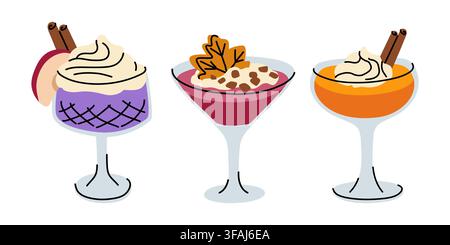 Elegante herbstliche geschichtete Desserts und süße Getränke Doodle-Vektor-Set für Dessertmenü Stock Vektor