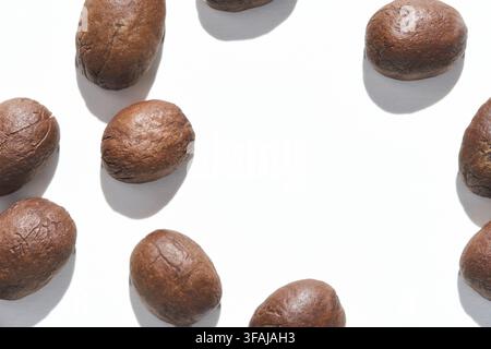 Einzelne geröstete Kaffeebohnen, die mit negativem Raum auf weißem Hintergrund angeordnet sind und glatte, abgerundete Rückseiten sowie subtile Schattenpools von der Studiobeleuchtung von oben zeigen. Stockfoto
