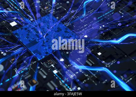 High-Tech-Zentralprozessor auf einem Leiterbrett mit leuchtenden blauen neuronalen Strömen, der künstliche Intelligenz, Quantencomputing, Big Data Pro darstellt Stockfoto