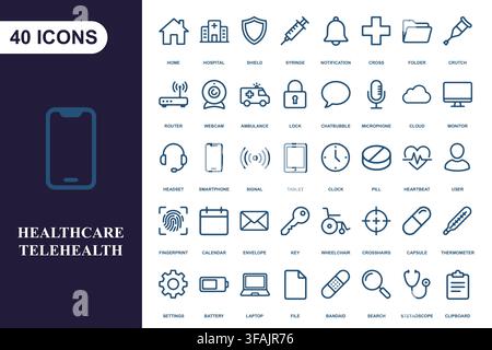 Medizinische und Telehealth-Digitaldienst-Symbole. Stock Vektor