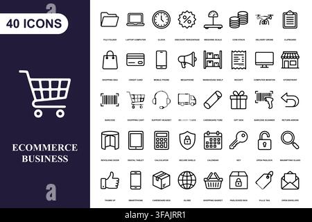 Eine Sammlung von vierzig Umriss-Icons, die E-Commerce, Einzelhandel, Shopping und digitale Geschäftsabläufe darstellen. Stock Vektor