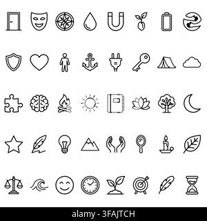 Eine umfassende Sammlung von einfachen schwarzen Umriss-Icons für Webdesign, mobile Apps und digitale Schnittstellen. Stock Vektor