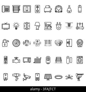 Eine Sammlung von Umriss-Icons, die intelligente Haushaltsgeräte und Sicherheitsgeräte für modernes Technologiedesign darstellen. Stock Vektor