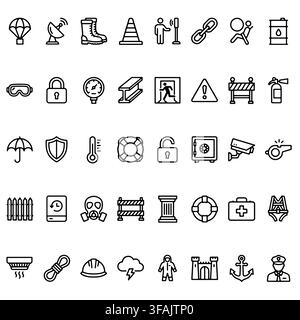 Eine Sammlung von Umriss-Icons, die industrielle Sicherheit, Sicherheit, Notfallausrüstung und Gefahrenabwehr darstellen. Stock Vektor