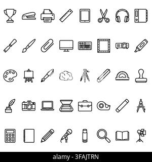 Eine Sammlung von Büro- und Schulbedarfs-Icons mit Schreibwaren, Technologie und kreativen Werkzeugen im Linienstil. Stock Vektor