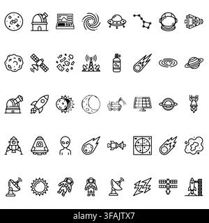 Eine Sammlung von linearen Weltraum- und Astronomie-Symbolen mit Planeten, Raketen, Astronauten und Himmelskörpern. Stock Vektor