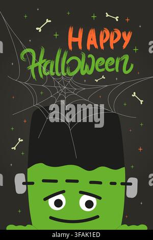 Niedliches grünes Frankenstein-Monster-Gesicht auf Spinnennetz-Hintergrund mit fröhlicher Halloween-Beschriftung. Lustiger Charakter-Vektor für Aufkleber, Karte Stock Vektor