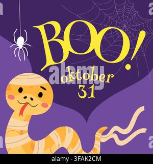 Süße und niedliche Schlange auf quadratischer Einladung mit „Boo“-Schriftzug vom 31. Oktober. Lila und gelbe Farbgestaltung. Vektor-Halloween-Karte Stock Vektor