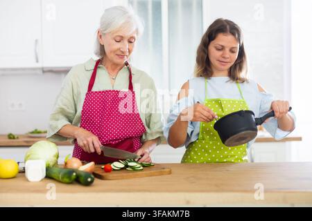 Die Seniorin und ihre erwachsene Tochter kochen zusammen Stockfoto