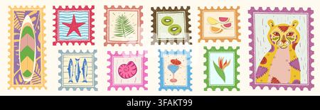 Vintage tropisches Sommer-Strand-Reise-Stempel-Vektor-Set. Handgezeichnetes Hawaii-Surf-Leoparden-Zitronen-Doodle-Aufkleber-Muster-Design. Retro-Ozean-Palmen-Urlaub f Stock Vektor