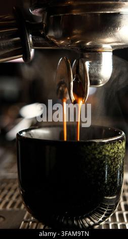 Nahaufnahme der Doppelstrom-Espresso-Extraktion, die aus einem professionellen Maschinen-Portafilter in eine dunkle Tasse gegossen wird, mit aufsteigendem Dampf. Stockfoto