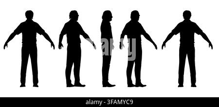 Das Bild zeigt eine Gruppe von Silhouetten von Personen, die in einer Reihe mit ausgestreckten Armen vor einem weißen Hintergrund stehen. Die Silhouetten sind schwarz Stock Vektor