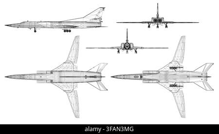 Blaupause von einzigartigen Militär-Kampfjets im Drahtgitterstil. Jedes Flugzeug zeigt unterschiedliche Flügelkonfigurationen, Triebwerksplatzierungen und strukturelle D Stock Vektor