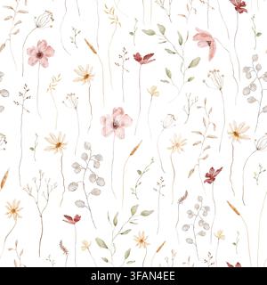 Aquarell botanisches Nahtloses Muster mit rosa Anemonen, gelben Gänseblümchen, Lunaria-Kapseln und getrocknetem Gras. Wiederholndes Ornament mit Wildblumen, Gräsern Stockfoto