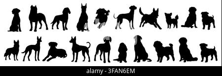 Schwarze Silhouetten vieler Hunde in verschiedenen Posen. Stock Vektor