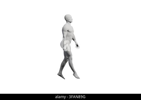 Ein hochwertiger 3D-Render, der einen männlichen Mannequin zeigt, der eine Reihe von Kurven durchläuft, vor einem sauberen, professionellen Studiohintergrund. Stockfoto