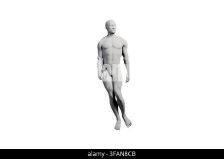 Eine saubere und detaillierte 3D-Darstellung einer männlichen Schaufensterpuppe, die selbstbewusst mit den Armen an den Seiten vor einem scharfen weißen Studiohintergrund steht. Stockfoto