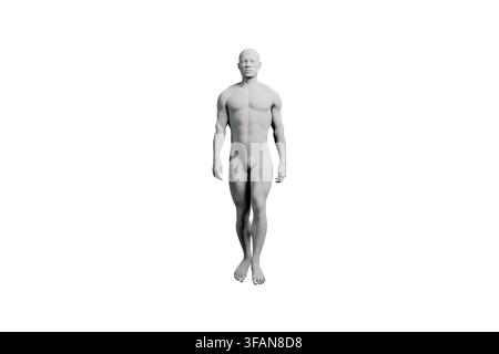 Eine saubere, detaillierte 3D-Darstellung einer männlichen Schaufensterpuppe, die aufrecht mit den Armen an den Seiten vor einem schroffen weißen Studiohintergrund steht. Stockfoto