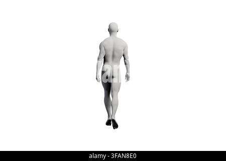 Ein hochwertiger 3D-Render eines männlichen Mannequins, das mit einem sanften Übergang zur Drehung geht, ideal für Modedesigner, die genaue Körperreferenzen suchen. Stockfoto