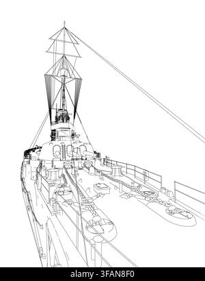 Eine Vintage-Kriegsschiff-Konturenzeichnung bietet eine detaillierte, kostenlos druckbare Malvorlage für Kinder. Diese Schlachtschiff-Illustration zeigt klare Linien auf Stock Vektor