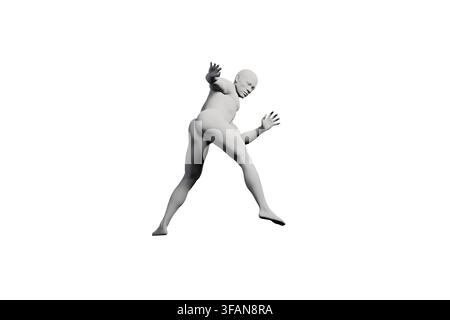 Eine hochwertige 3D-Darstellung, die eine menschliche Figur im mittleren Schritt zeigt, mit ausgestreckten Armen und nach vorne gestreckten Beinen vor einem kargen weißen Studiohintergrund Stockfoto