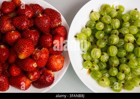 Frische rote Erdbeeren und grüne Stachelbeeren, die in weißen Schüsseln angeordnet sind, gezeigt aus Top-Down- und Nahaufnahmen. Saftiges Obst mit Wassertropfen schafft eine Stockfoto