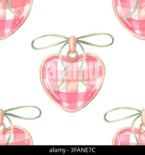 Coquette-Muster ohne Naht mit karierten Herzanhängern. Handgemalte Aquarellillustration isoliert auf Weiß für Schmuck, Mode, Textilien, Schreibwaren Stockfoto