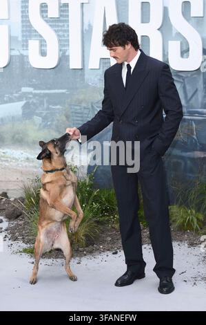 Jacob Elordi mit dem Hund Rak Jasper bei der Weltpremiere des Films 'The Dog Stars / The End of the Stars' im Odeon Luxe Leicester Square. London, 20.08.2026 Stockfoto