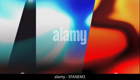 Lebendiger abstrakter Hintergrund mit körniger Textur, der geteilte diagonale Rahmen in Blau-, Cyan-, Orange- und Rot-Tönen zeigt. Geeignet für kreative Projekte, Stockfoto