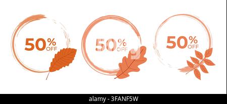Satz von drei Herbst-Sonderangebots-Etiketten mit 50 RABATT-Text in orangefarbenen Pinselstrich-Kreisen, verziert mit verlängerten, eichenen und blättrigen Astmotiven Stock Vektor