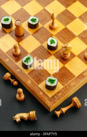 Sushi-Maki-Rollen, die als Figuren auf einem Schachbrett verwendet werden Stockfoto
