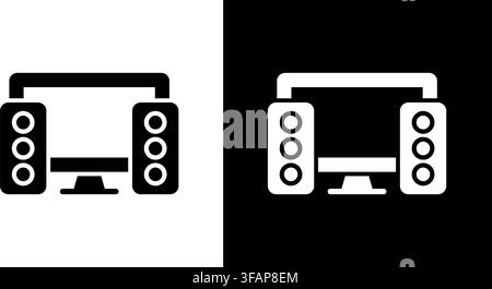 Computermonitor mit Lautsprechern Solide Ikone. Heimkinosystem und Audio-Setup Silhouetten-Symbol. Multimedia-Erlebnis. Isolierter Vektor Stock Vektor