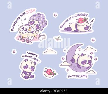 Niedliches Panda-Aufkleber-Planer-Set. Kawaii-Bär badet im Schaum mit Handtuch. Schläft in Weihnachtsmannmütze, sitzt als Maskottchen und ruht auf dem Mond mit Wolken und Sternen Stock Vektor
