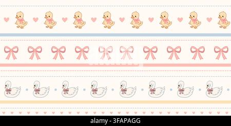 Niedliches handgezeichnetes pastellfarbenes Babystreifenmuster zeigt Entenküken, Schleifen und Schwäne mit rosa Herzen und weichen blauen gelben dekorativen Linien Stock Vektor