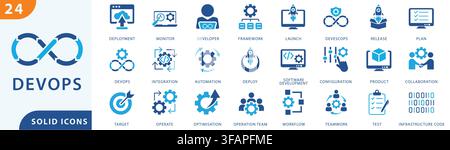 DevOps-Solid-Ikonen-Sammlung für Softwareentwicklung, Cloud-Infrastruktur, Automatisierungsingenieurwesen, Workflow und Technologieoperationsdesign. Stock Vektor