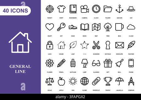 Eine Sammlung von vierzig einfachen Strichzeichnungen-Icons für Webdesign und Benutzeroberflächen-Projekte. Stock Vektor
