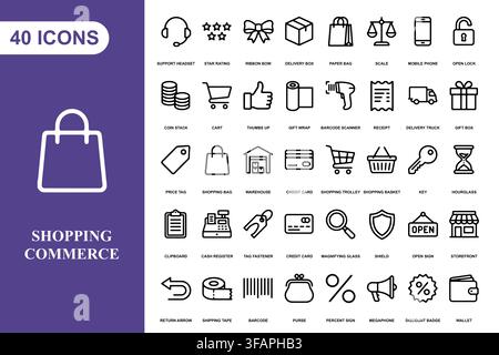 Eine umfassende Sammlung von vierzig linearen Einkaufs- und Einzelhandels-Icons für Geschäfts- und E-Commerce-Anwendungen. Stock Vektor
