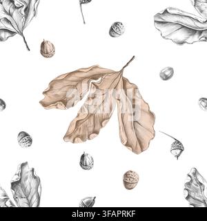 Herbst-Eichenblätter und Eicheln in einem nahtlosen Bleistiftmuster. Perfekt für Druck, Webdesign, Verpackung, Restaurantmenüs, Eco-Hotel-Logos, Parks und Stockfoto