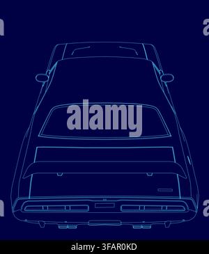 Eine Vintage-Auto-Konturzeichnung in Blau zeigt eine saubere weiße Umrisslinie vor einem einfarbigen Hintergrund. Die minimalistische Illustration hat einen Retro-Look. Stock Vektor