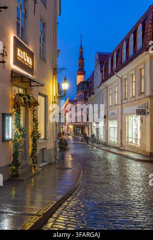 Blick auf farbenfrohe Gebäude in der Altstadt während des Winters bei Dämmerung, Tallinn, Estland Stockfoto