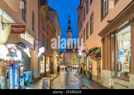 Ansicht des Weihnachtsmarktes am Altstadtsplatz (Raekoja Plats - Julemarked) in der Dämmerung, Tallinn, Estland Stockfoto