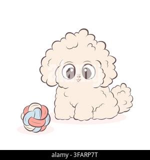 Eine Vektorillustration eines weißen Pudels mit einem mehrfarbigen Seilspielzeug Stock Vektor