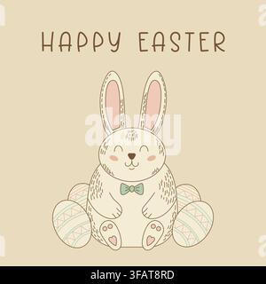 Ostergrüßkarte mit niedlichem Cartoon-Hasen und verzierten Eiern. Banner-Vorlage für die Frühlingsfeier Stock Vektor
